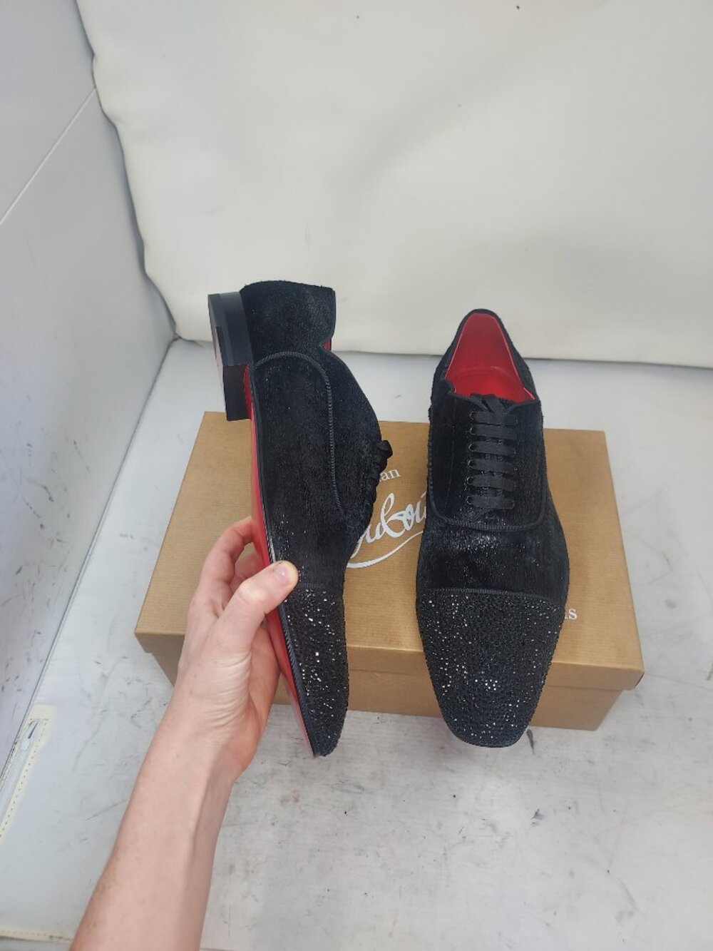 Christian Louboutin Black Greggy Chick Bejeweled Strass Lace Up Velvet Loafer